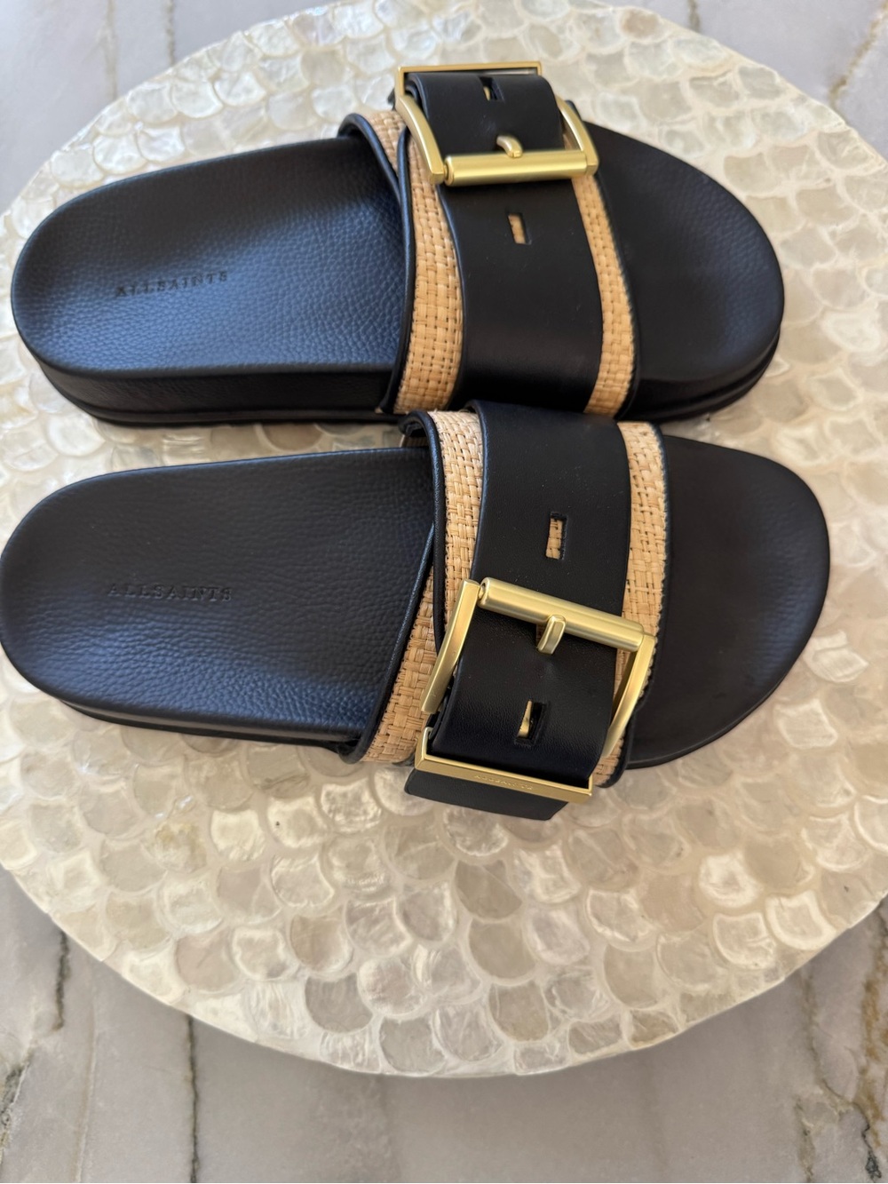 AllSaints Black and Tan Buckle Slide Sandals